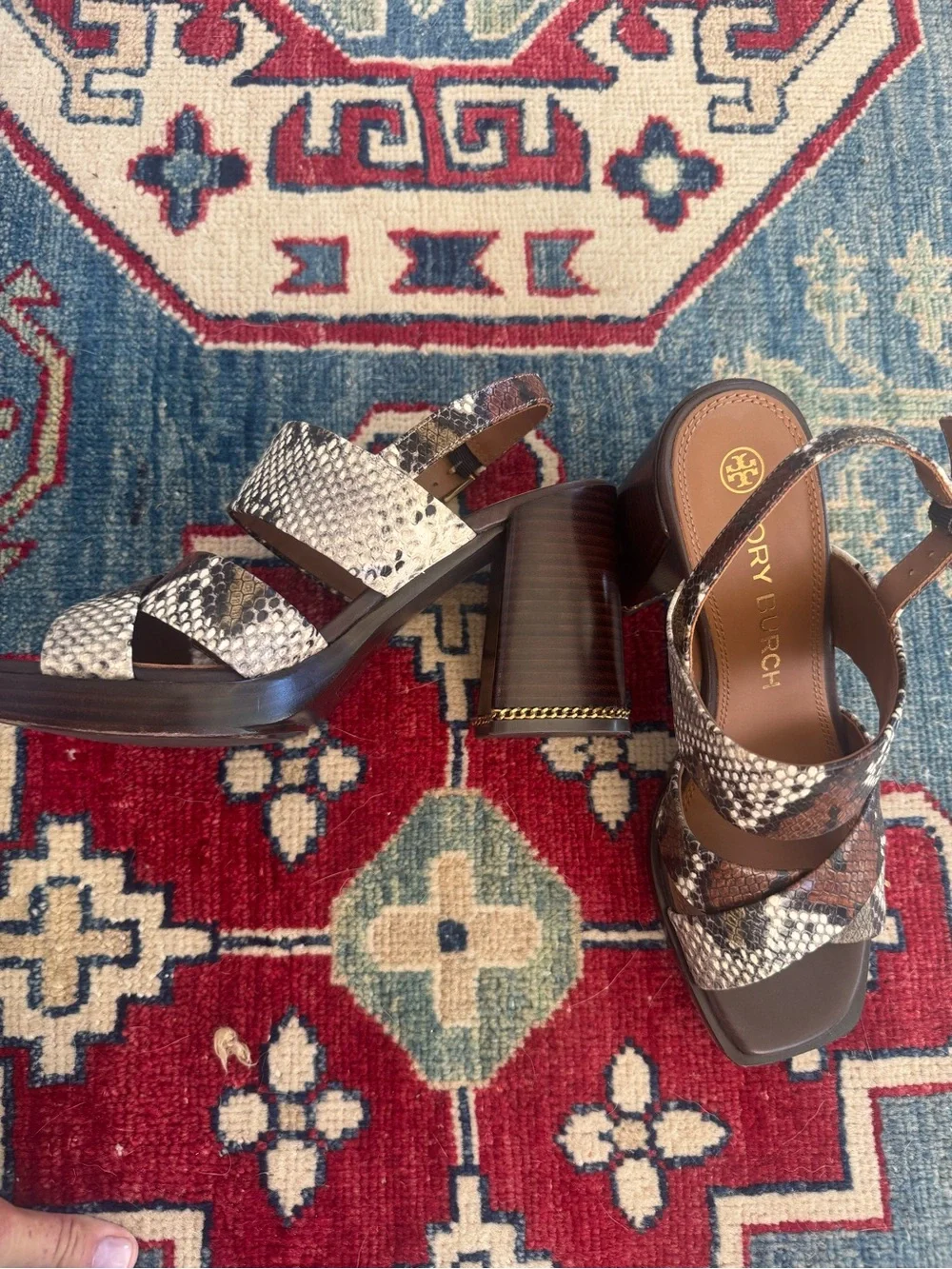 Tory Burch Snake-Print Leather Slingback Sandals — Brown/White/Black